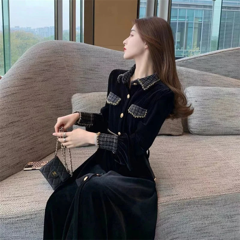Solid Casual Turn-Down Collar Full-Length Sleeve Loose A-Line Knee-Length Dress – Medium-Stretch Cotton-Polyester-Elastane Blend, Natural Waist, Autumn/Winter Luxegan