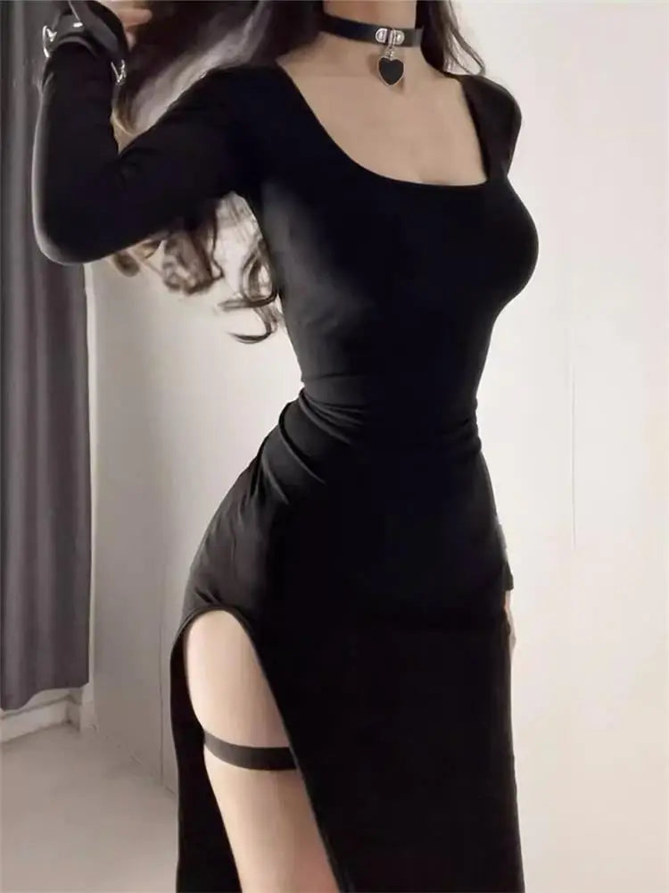 Side Slit Knit Bodycon Midi Dress | Square Neck Long Sleeve Wrap Hip Street Dress Luxegan