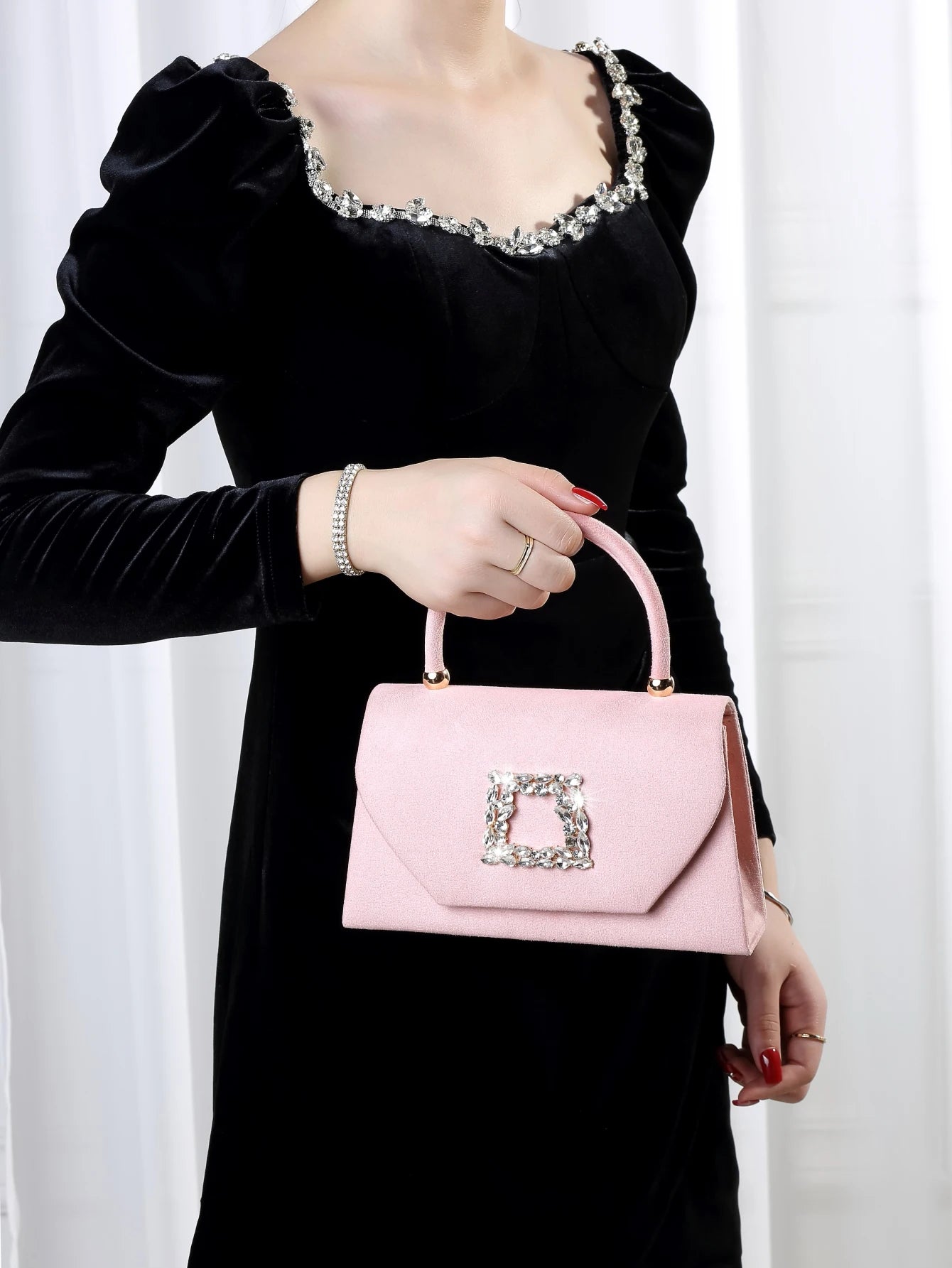 Elegant Sparkling Velvet Evening Clutch Bag | Glitter Bling Shiny Luxury Party Purse | Exquisite Glamorous Hard-Shell Handbag | Fashionable Solid Color Formal Gala Accessory (Model ZM-008) Luxegan