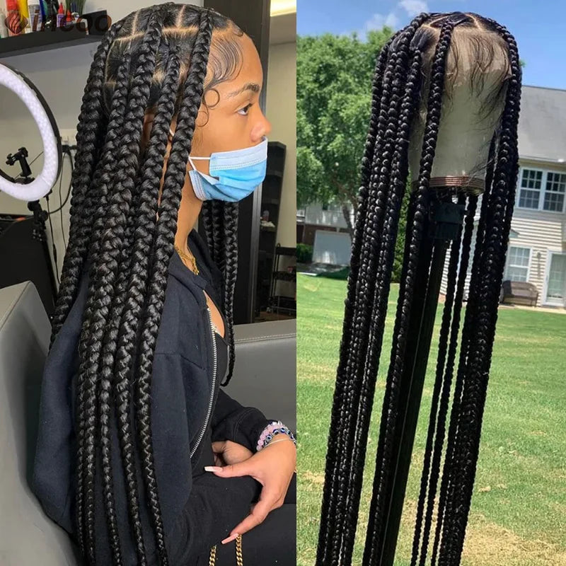 Synthetic Large Box Braided Wigs Jumbo Knotless Full Lace Front Wigs For Black Women Jumbo Tribal Braids Faux Locs Cornrows Wig Luxegan