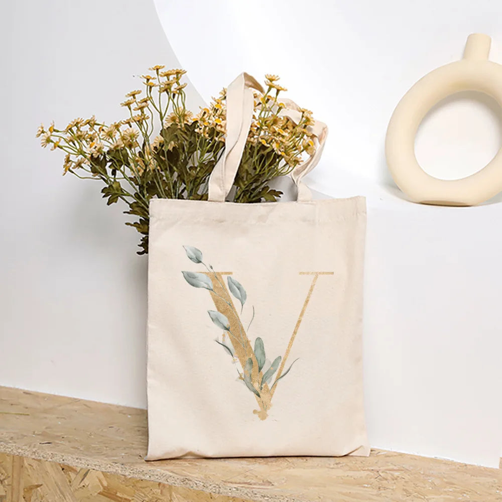 Leaves Plant Initial Print Canvas Tote Bag | Reusable Summer Beach & Shopping Handbag with Hasp Closure Luxegan