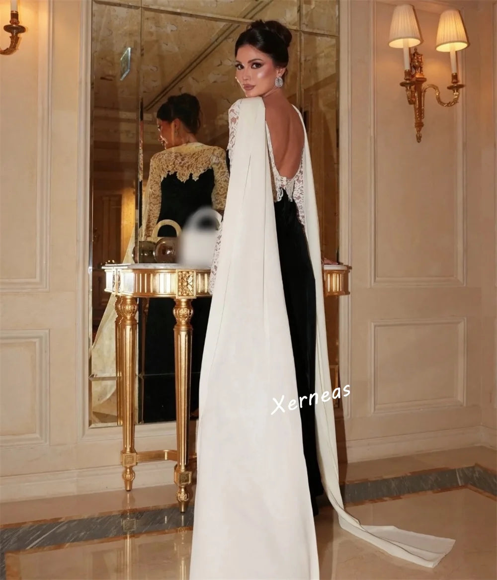 Elegant Shawl Backless Evening Gown | Bespoke Occasion Trumpet Long Dress | Full-Sleeve O-Neck Lace Pleated Floor-Length Formal Wedding Gown Luxegan
