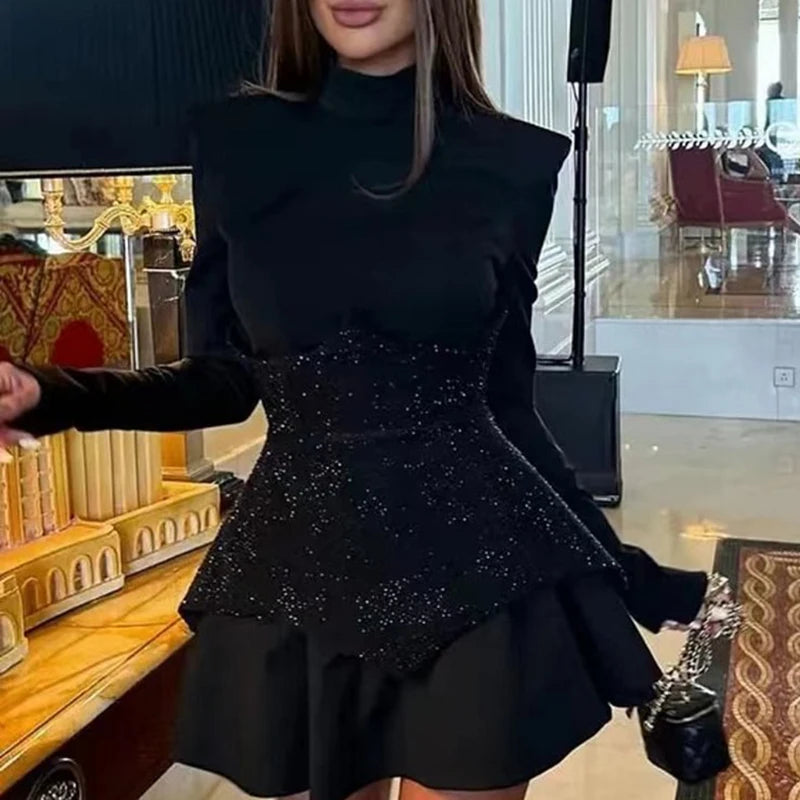 Sequined Long Sleeve A-Line Dress – Half-High Collar, Natural Waist, Autumn Luxegan