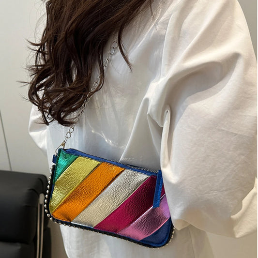 Designer Rainbow Splice Crossbody Bag | Fashion Trend Colorful Rivet Shoulder Bag | Women’s Luxury Twill Flap Chain Handbag Luxegan