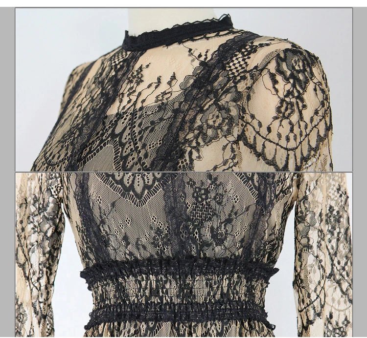 Patchwork Lace O-Neck Full-Length Sleeve Regular Fit A-Line Ankle-Length Dress – Slight Stretch Mesh-Lace, Natural Waist, Spring/Summer Luxegan