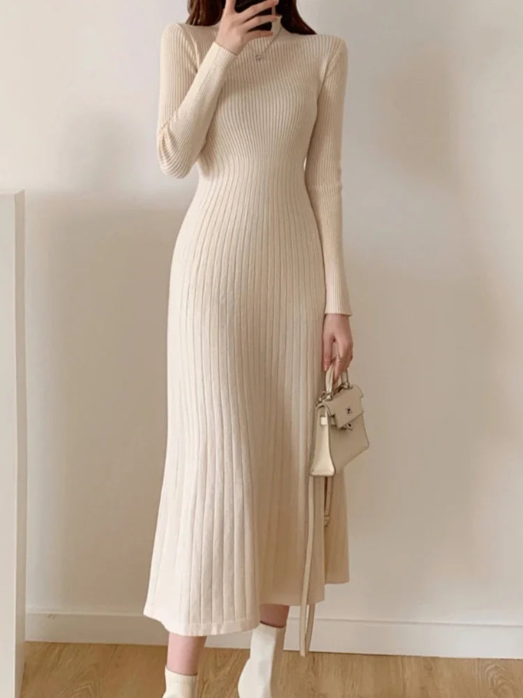 Autumn Winter Slim Knitted Midi Dress | Sophisticated Half-High Collar Sweater Dress | Elegant "Tatting Weave" Silhouette | "Dignified" Empire Waist Party Dress for Radiant Versatile Styling Luxegan