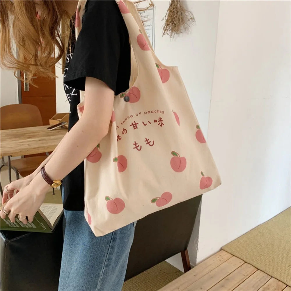 Aesthetic Strawberry & Peach Tote Bag | School & Shopper Handbag Luxegan