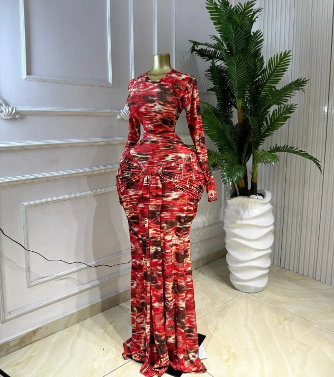 Ruched Print Mermaid Maxi Dress – Crew Neck, Long Sleeve, Empire Waist, Autumn/Winter Luxegan