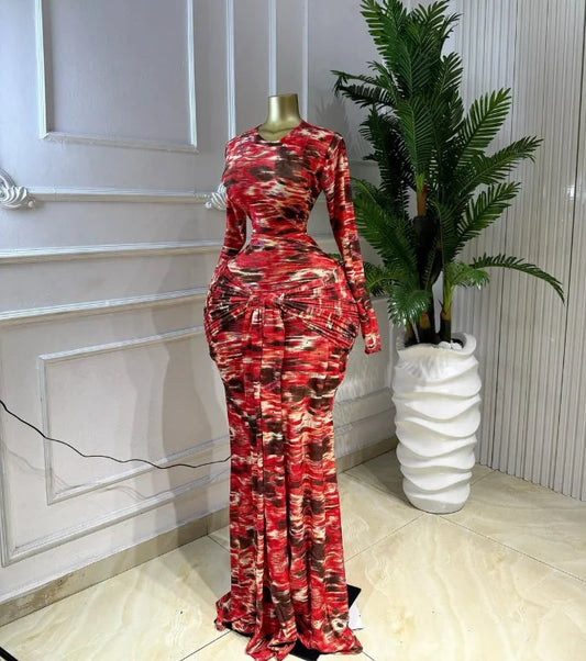 Ruched Print Mermaid Maxi Dress – Crew Neck, Long Sleeve, Empire Waist, Autumn/Winter Luxegan