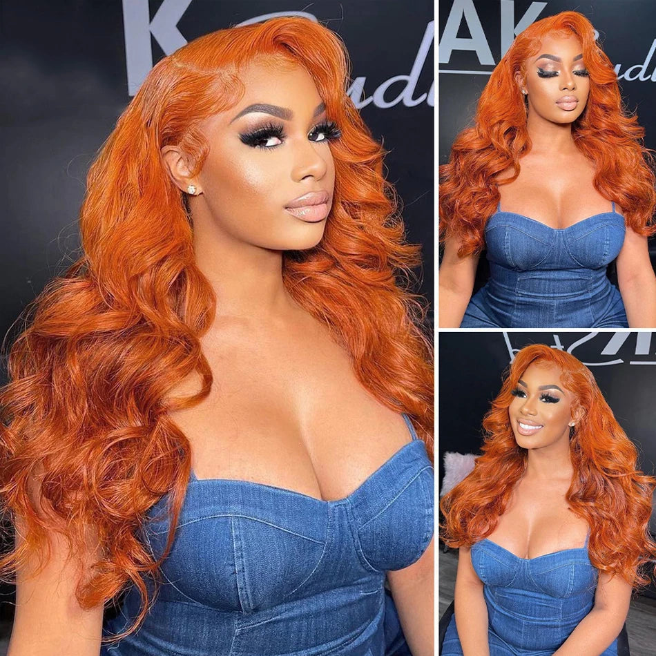 Ginger Orange Body Wave HD Lace Frontal Wig | 100% Brazilian Human Hair Glueless Wig | 30-40 Inch High-Density Pre-Plucked Transparent Swiss Lace Frontal Wig Luxegan