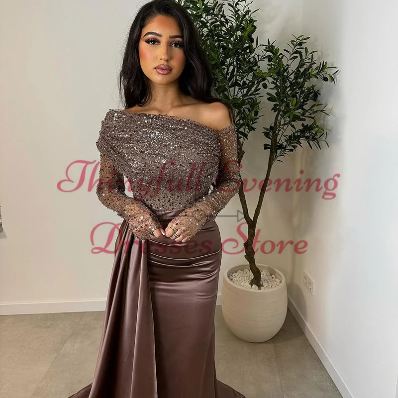 Thinyfull Sexy Mermaid Prom Evening Dresses Saudi Arabia Sequines Long Sleeves Night Party Dress Cocktail Prom Gowns Customized
