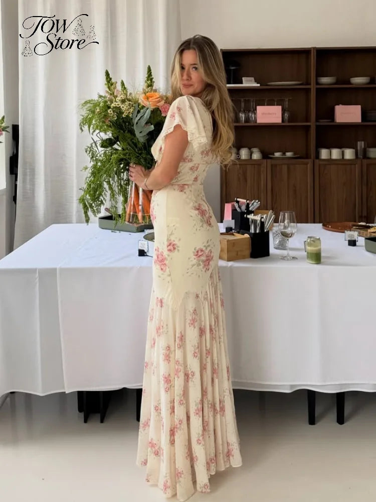 Flutter Sleeves Slim Long Dress Women Casual Pleated Deep V-neck Floral Print High Waist Dresses 2026 Lady Summer Holiday Wear