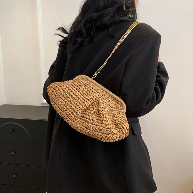 Bohemian Straw Dumpling Clutch Bag | Woven Straw Tote Purse for Women (Summer Beach Bag, Wicker Clutch) Luxegan