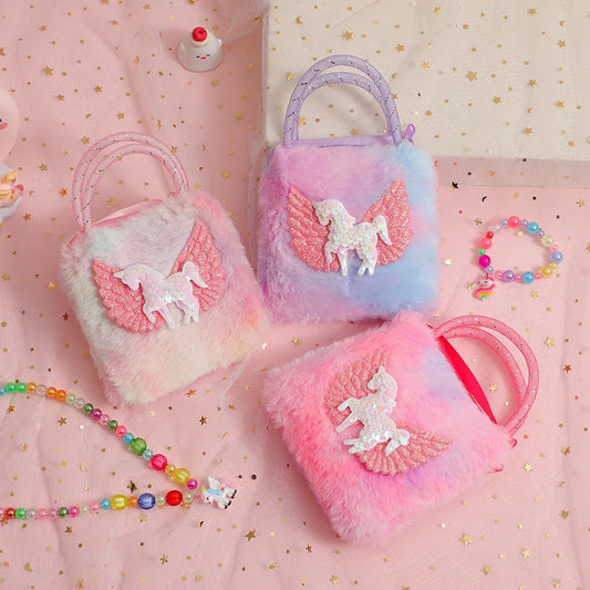Cute Furry Cartoon Unicorn Shoulder Bag | Plush Shiny Girls' Crossbody Bag (1-3Y) | Toddler Small Stuff Storage Messenger | Soft Polyester Zippered Mini Purse Luxegan