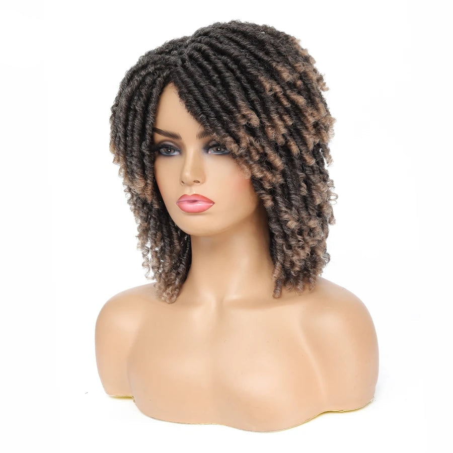 Short Afro Curly Faux Locs Wig | Twist Braids | Heat Resistant | Ombre Brown | Black Women