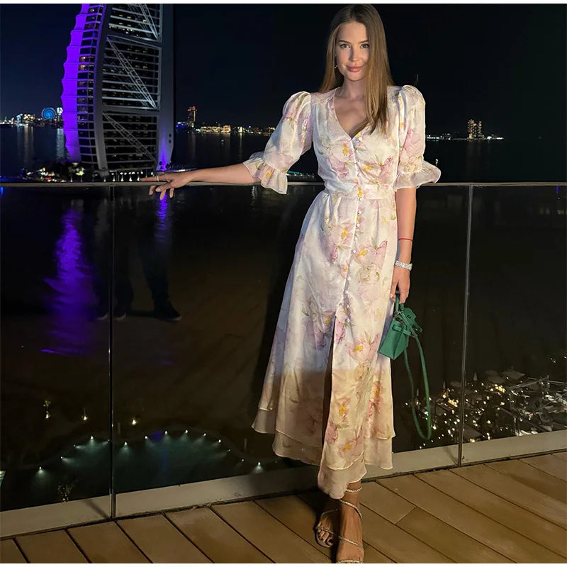 Organza Floral Printed Maxi Dress V-Neck  Puff Sleeve 2026 Spring/Summer Romantic Women Party Gown Fashion Elegant Lady Vestidos