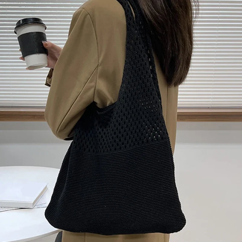 New Trend Women's Crochet Handbag | Retro Knitted Braid Solid Color Hollow Top-Handle Tote Bag (Black Khaki Shopper) Luxegan