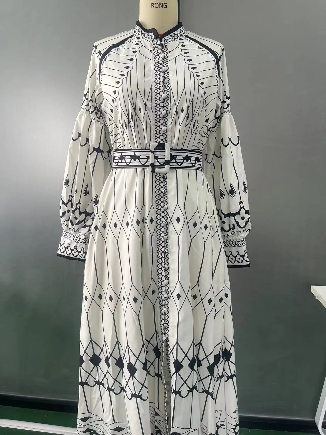 Turn-Down Collar Lantern Sleeve Belted Geometric Print Loose Boho Midi Dress | Retro Elegant - view 5