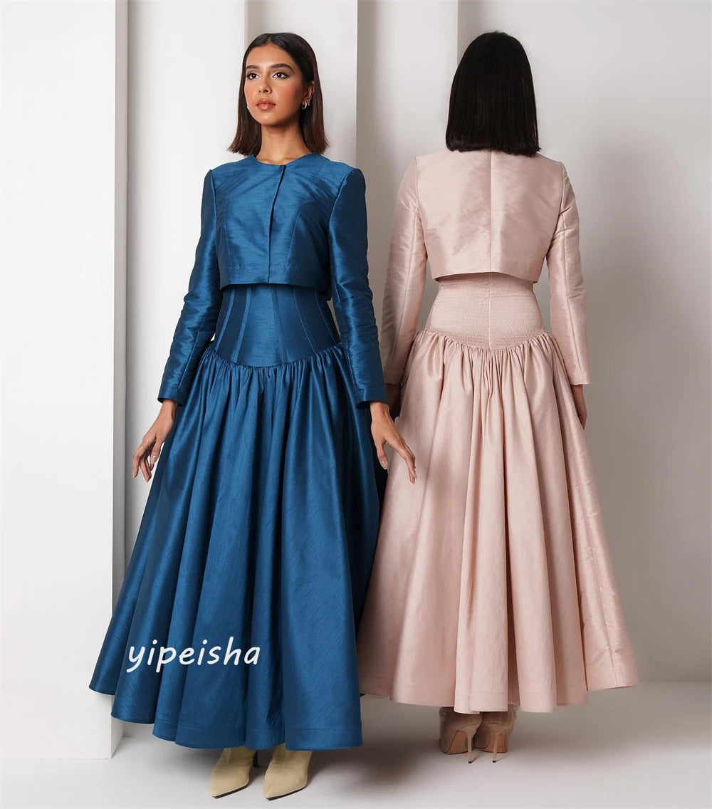 Draped Satin A-Line Engagement Dress | Bespoke Occasion Ankle-Length Gown | Modern Full-Sleeve O-Neck Non-Spot Evening Dress Luxegan