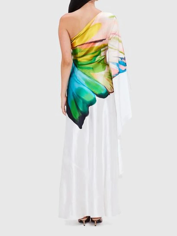 Flower Printed Elegant Evening Dress | Sophisticated One-Shoulder Maxi Silhouette | Elegant "Ankle-Length" High Waist Gown | "Dignified" Asymmetrical Pleated Design for Radiant Versatile Styling Luxegan