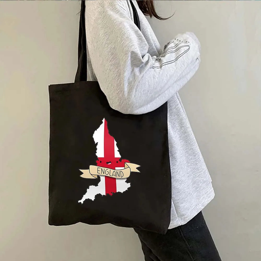 London Big Ben England Map Flag Canvas Tote Bag | UK City Landscape Skyline Shoulder Shopping Handbag (Women's Tourist Gift) Luxegan