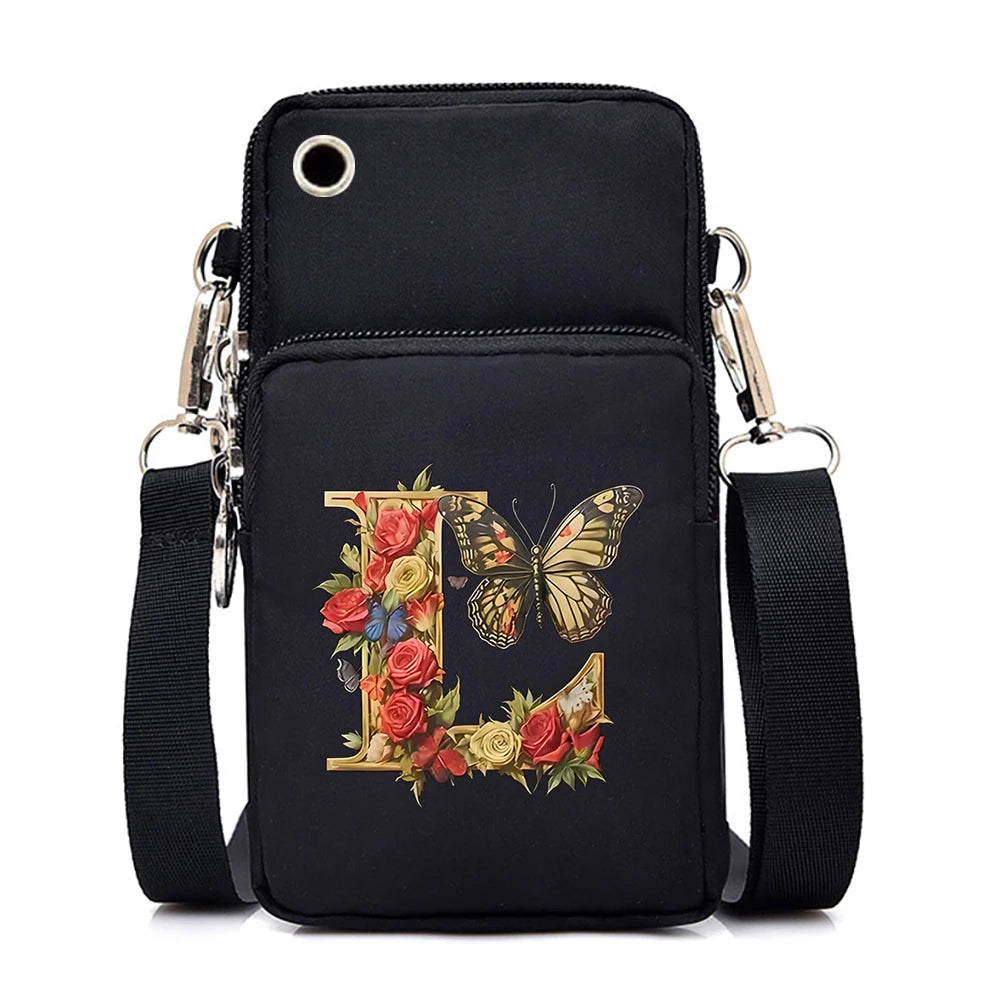 Women’s Small Crossbody Mobile Phone Bag | Sophisticated Vintage Flower & Alphabet Purse | Elegant Mini Messenger with Soft Leather Strap | Fashion-Forward Cartoon Applique Shoulder Bag (Model 858) Luxegan