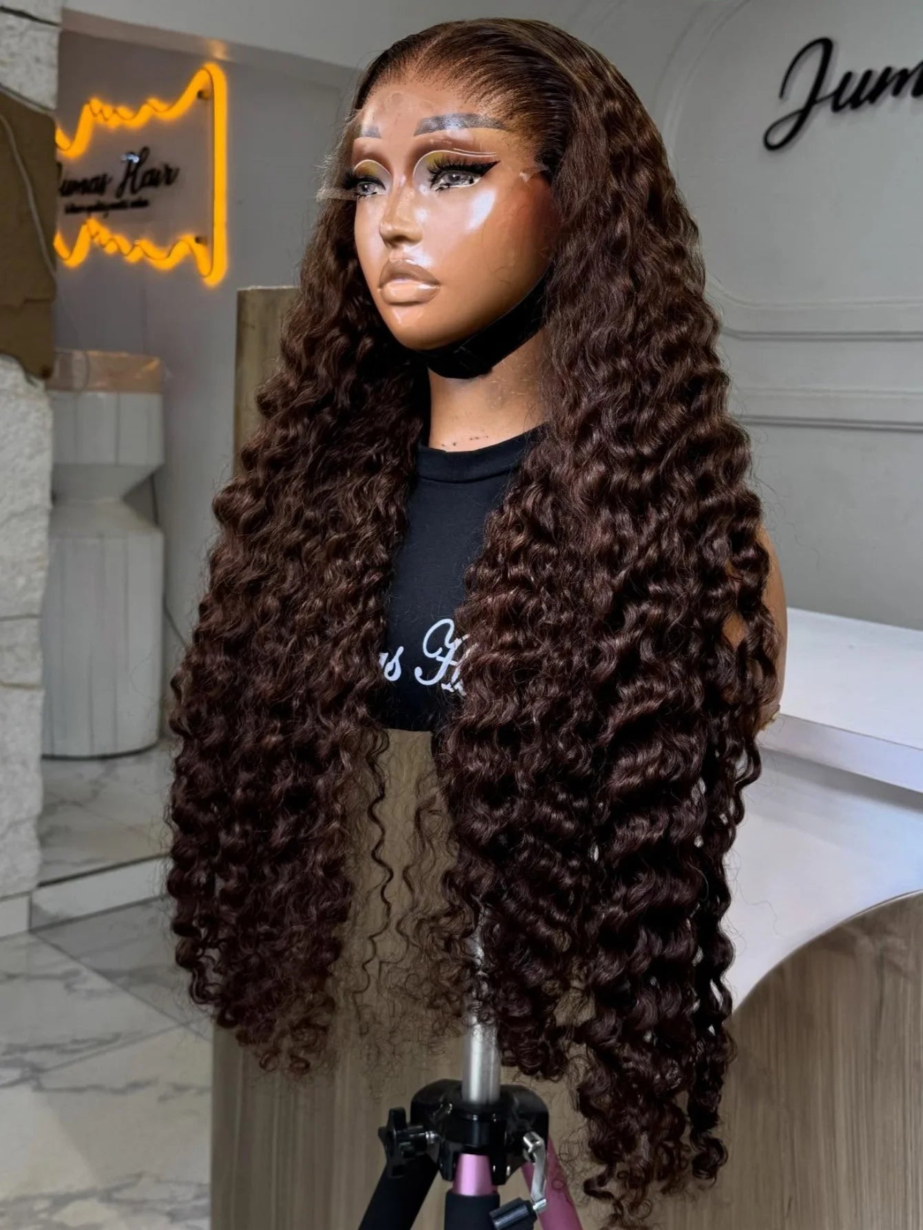 32 & 34-Inch Chocolate Brown Deep Wave HD Lace Wig | Sophisticated 200% Density 13x4 Transparent Frontal | Elegant "Brazilian Remy" Silhouette | "Dignified" Pre-Plucked Curly Human Hair for Radiant Versatile Styling Luxegan