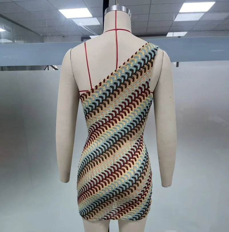 One-Shoulder Colorful Striped Bodycon Mini Dress Luxegan