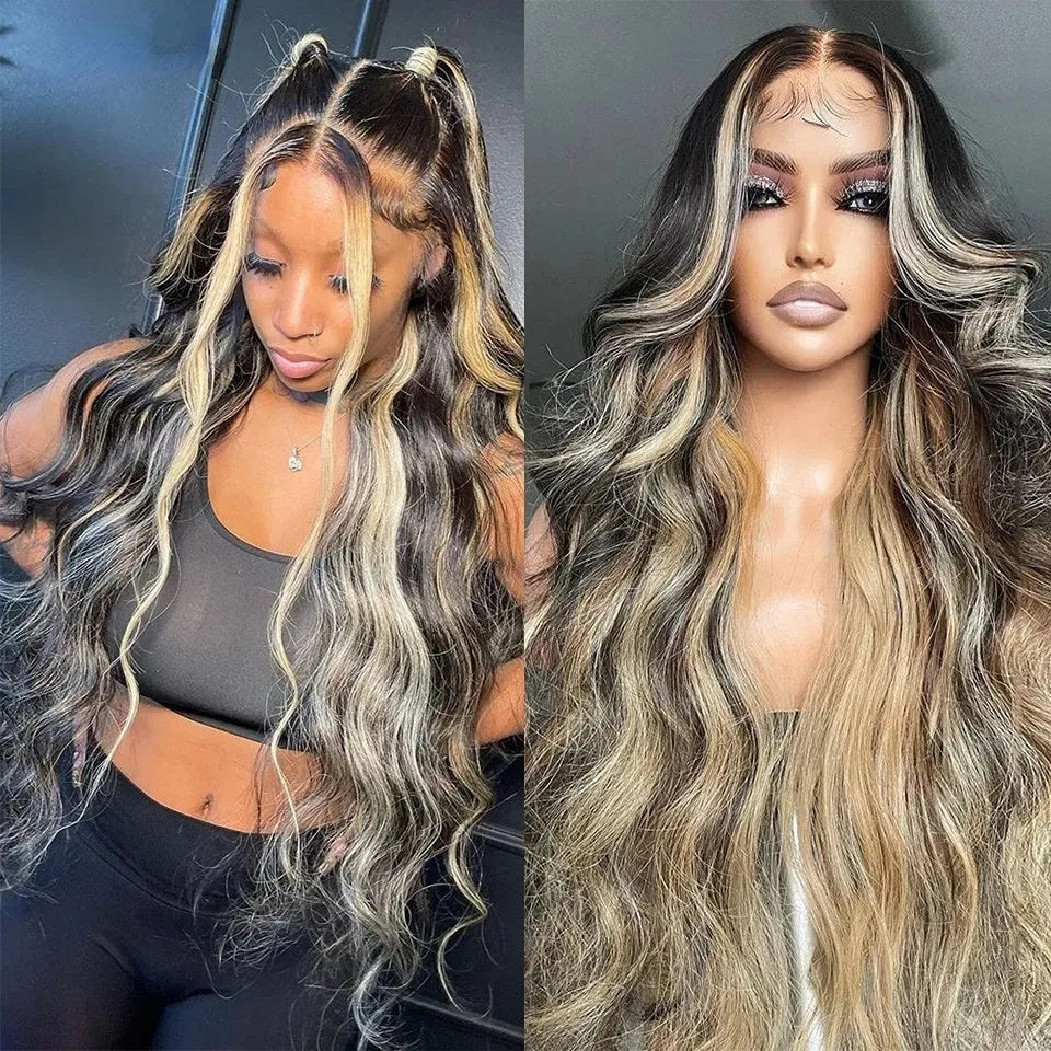 Black and Pink Highlight Body Wave Wig | Sophisticated 13x4 HD Transparent Lace Frontal | Elegant High-Temperature Fiber Glamour | "Dignified" 18–32 Inch Pre-Plucked Glueless Wig for Radiant Versatile Styling Luxegan