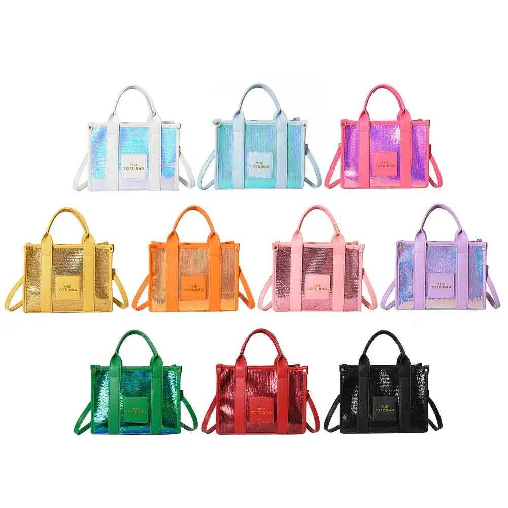 Women’s Shiny Sequin Shoulder Bag | Fashionable PU Leather Top-Handle Tote | Casual Portable Shopper with Adjustable Straps Luxegan