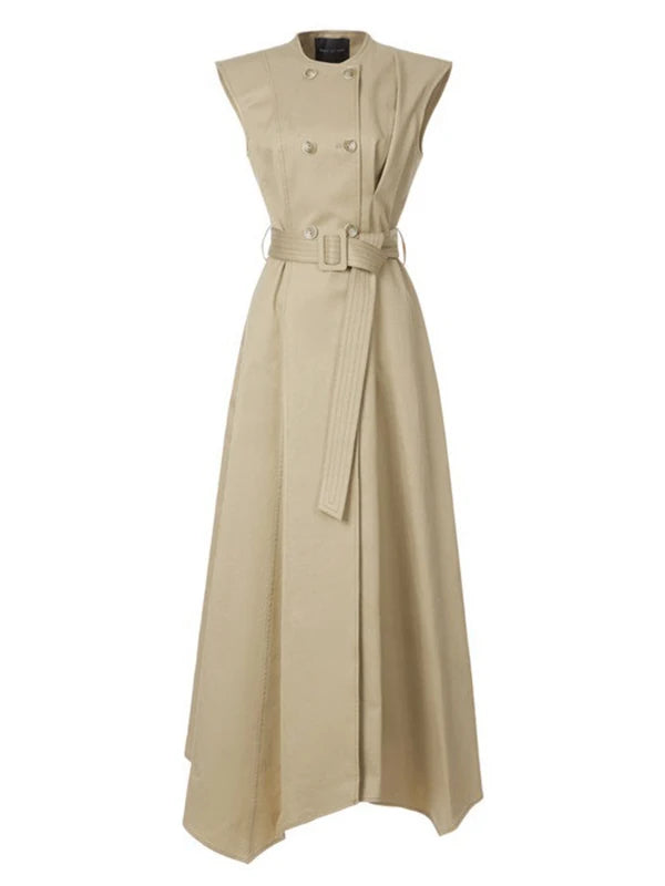 Double Button Belted A-Line Maxi Dress | Sleeveless High Waist Office Dress with Pockets Luxegan