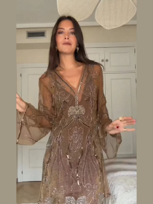 Women's Vintage Sequin Sheer Mini Dress | Chic Floral Embroidery V-Neck Party Gown | Elegant Lantern Sleeve Ruffled Hem Cocktail Dress | Premium Non-Woven Slight Stretch Regular Fit Ball Gown Luxegan