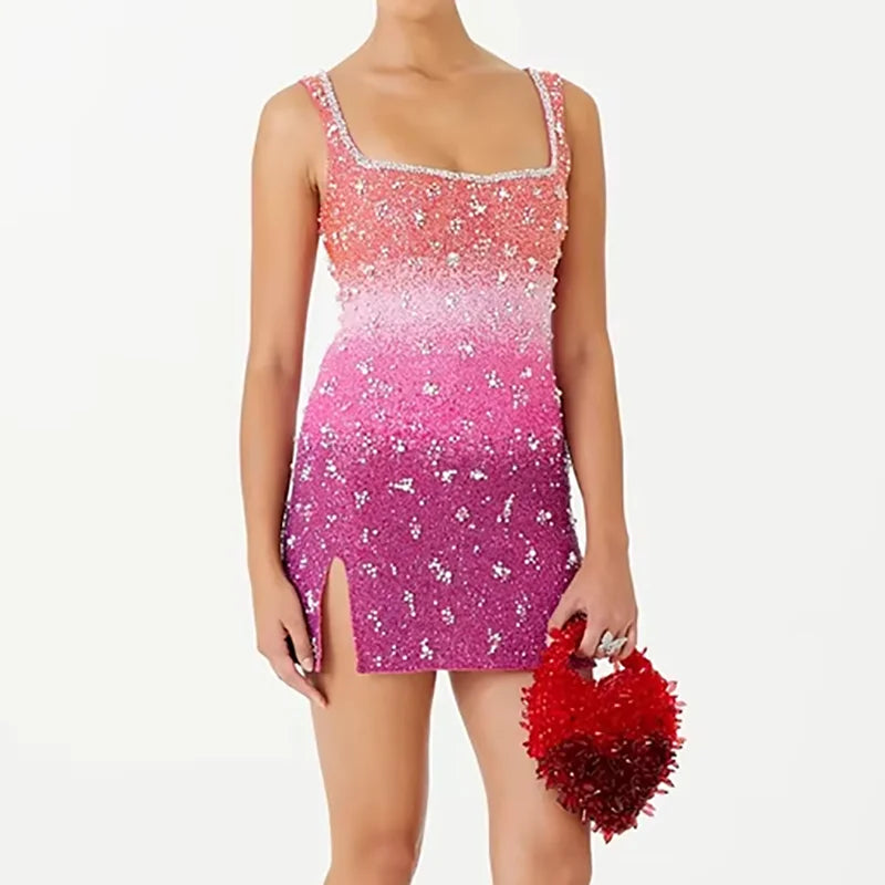 Women's New Temperament Sequin Evening Dress | Pearl Design Summer Clubwear Mini Dress | Elegant Hollow Out Sleeveless Suspender Gown | Premium Tatting Slight Stretch A-Line Dress Luxegan