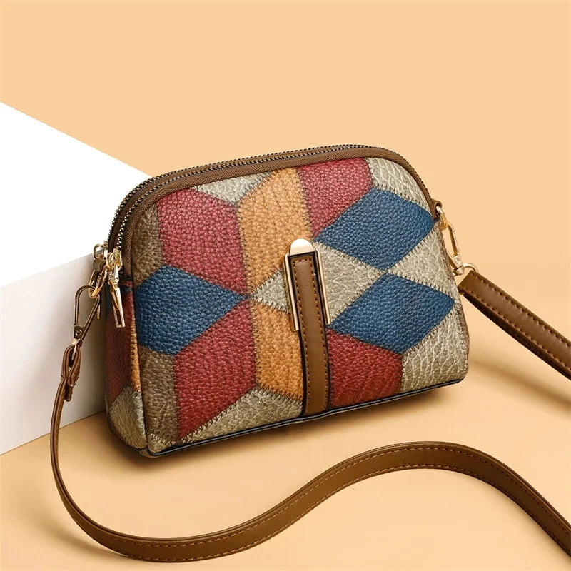 New Luxury Women’s Stitching Messenger Bag | Sophisticated Designer Brand Plaid Shoulder Bag | Elegant Patchwork Satchel Tote | Fashion-Forward PU Leather Handbag with "Dignified" Fur Decoration Luxegan