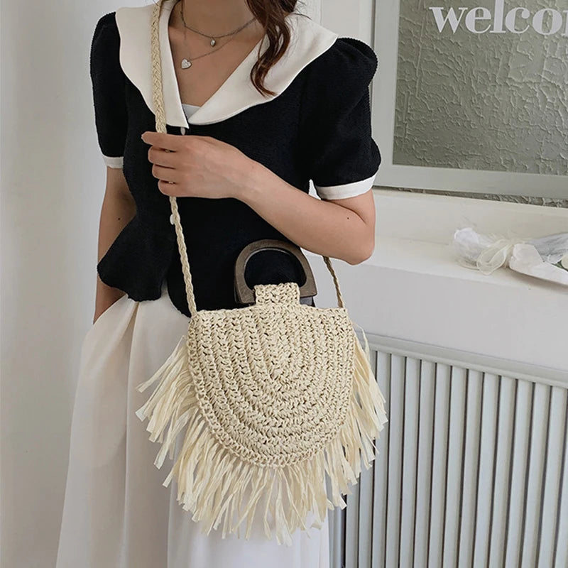 Handmade Semicircle Straw Bag | Sophisticated Woven Bohemian Crossbody | Elegant Holiday Beach Basket | Luxury "Dignified" Casual Shopping Tote with Tassel Decoration Luxegan