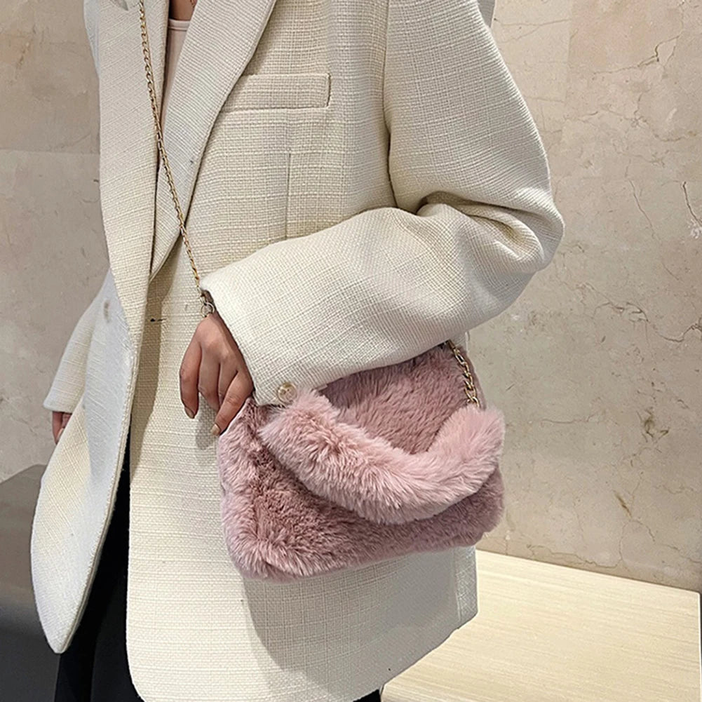 Fuzzy Plush Top Handle Bag | Soft Faux Fur Chain Crossbody Luxegan