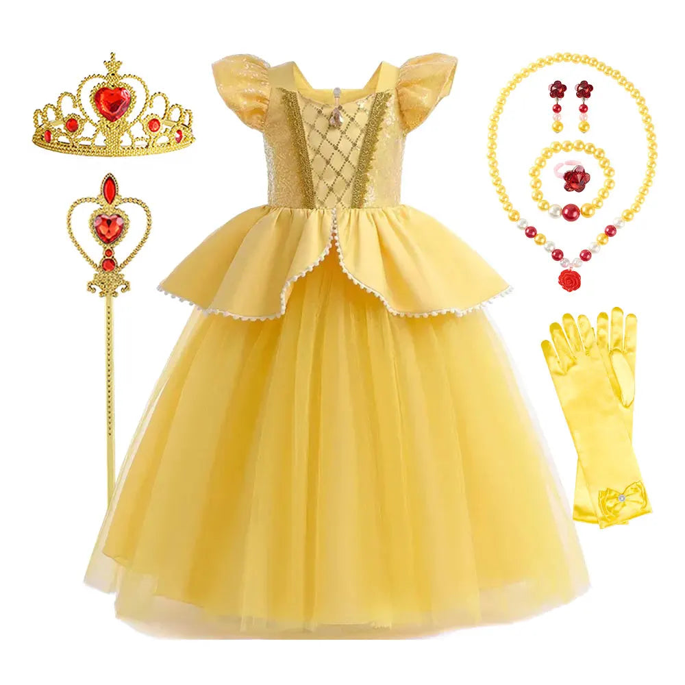 Deluxe Belle Princess Costume for Girls | Beauty and the Beast Inspired Mesh Party Dress | Elegant Square-Neck Sleeveless Mid-Calf Christmas Ball Gown with Accessories Luxegan