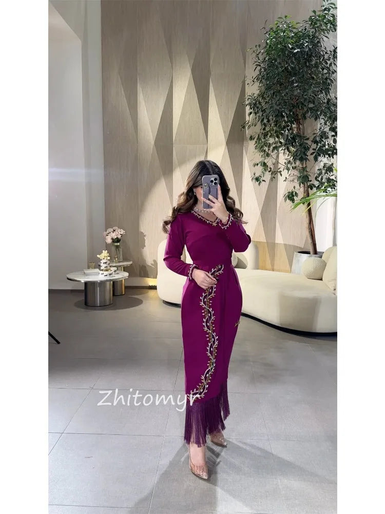 Beaded Tassel A-Line Formal Gown | V-Neck Ankle-Length Bespoke Occasion Dress Luxegan