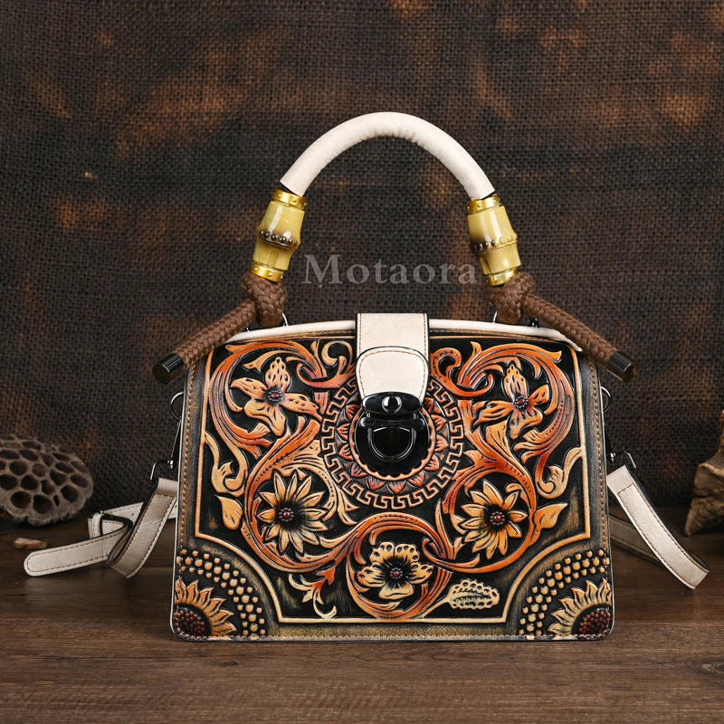 New Embossed Shoulder Bag For Women's | Vintage Handmade Handbag Female PU Leather Big Capacity Crossbody Bags Purse Luxegan