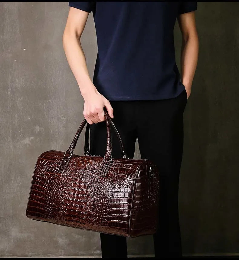 Men's Luxury Genuine Cow Leather Travel Duffle Bag | Large Capacity Portable Alligator Texture Weekender | Premium Male Shoulder Crossbody Overnight Bag | Versatile Soft Shell Luggage Master Model 20220802e Luxegan
