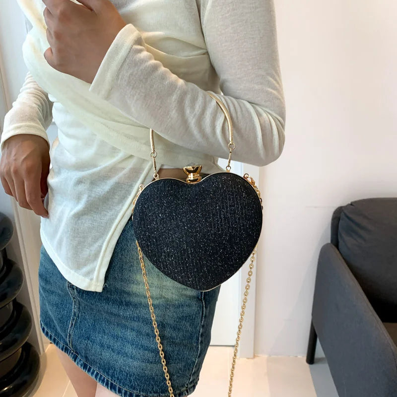 Shiny Heart Shape Metal Evening Clutch Bag for Women | Fashion Chain Shoulder Crossbody Bag (Luxury Lady Purse) Luxegan