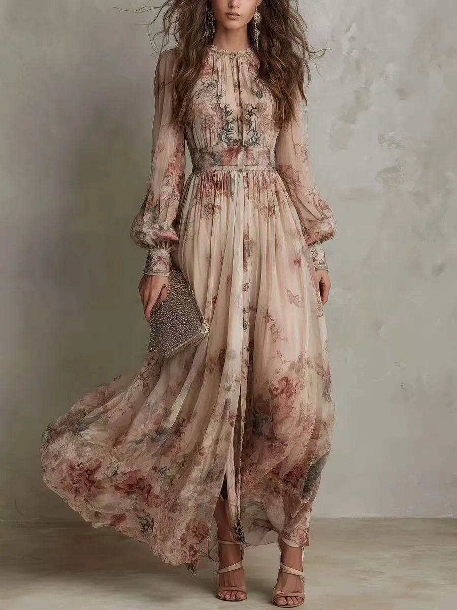 Print Round Neck Full Sleeve Regular Fit A-Line Mid-Calf Dress – Natural Waist, Spring/Summer Luxegan