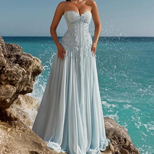 Floral Draped A-Line Prom Dress | Strapless Sleeveless Floor-Length Evening Gown Luxegan