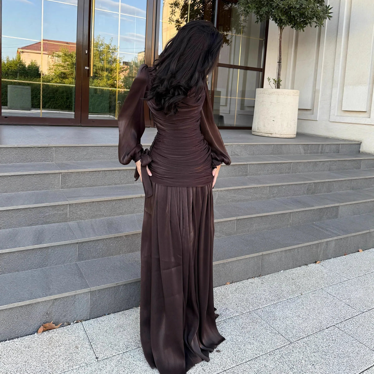 Solid Round Neck Long Sleeve Draped Loose Fit Floor-Length Dress – High Waist, Spring/Summer Luxegan