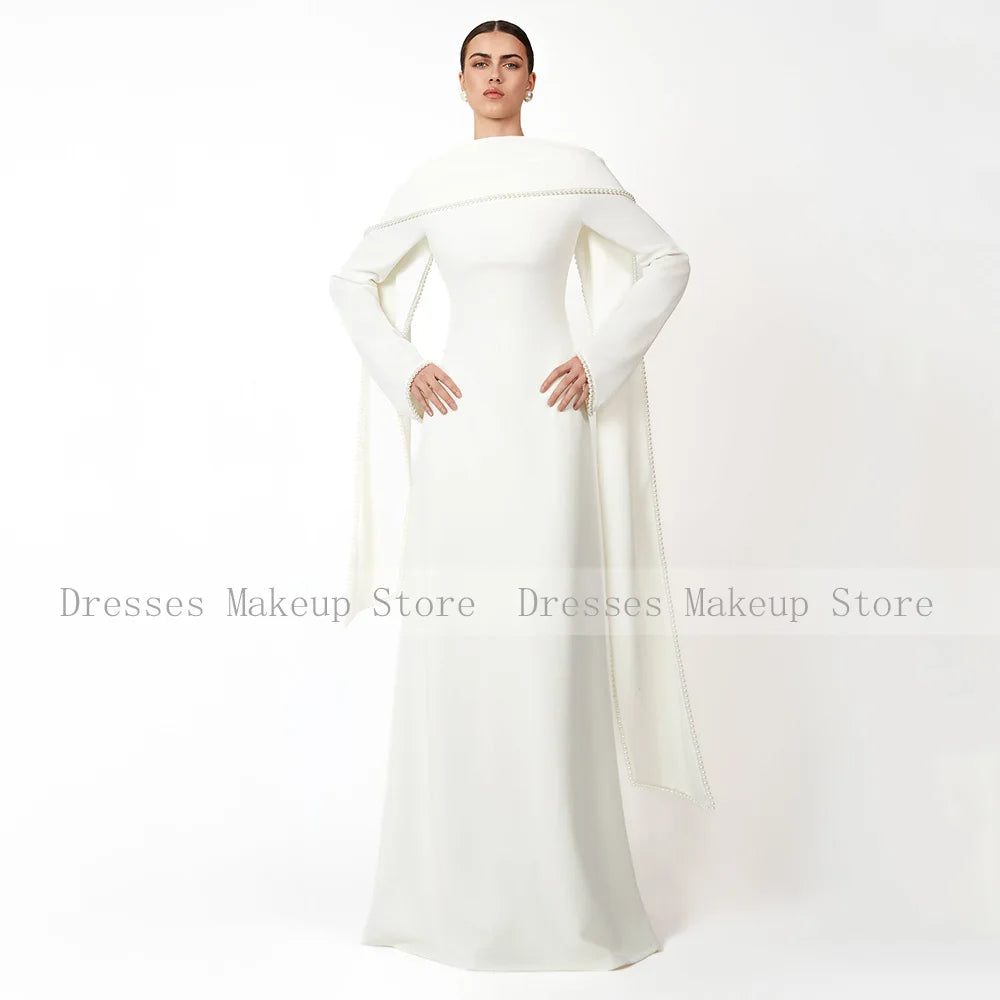 Customized Wedding Party Dress Black A Line Pearl Long Sleeves O Neck Evening Gown Long Shawl Saudi Arabian Formal Evening Dress