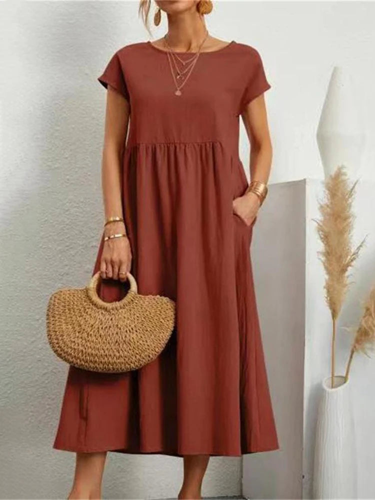 Women's Elegant Solid Maxi Dress | Vintage Harajuku Cotton Linen Long Dress | Summer Short Sleeve O-Neck Loose Sundress | Premium Y2K Minimalist Pocketed A-Line Luxegan