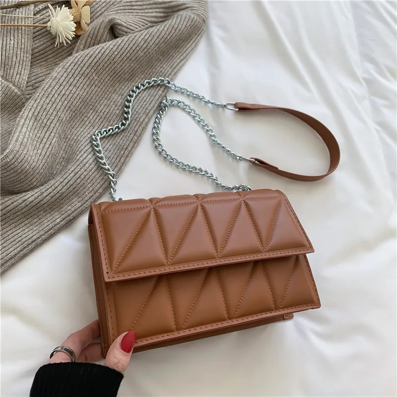Embroidery Plaid Chain Flap Bag | Sophisticated Solid-Color Shoulder Handbag | Elegant Casual Crossbody Purse | "Dignified" Hard Square Bag for Versatile Daily Styling Luxegan