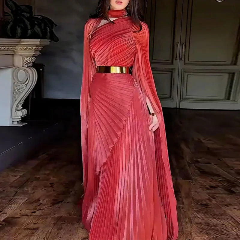 Women's Turtleneck Flare Sleeve Hollow-Out Maxi Dress Luxegan