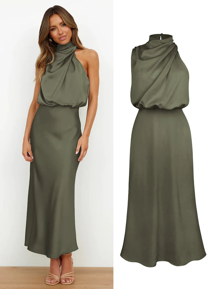 Women's Summer High-End Silk Satin Long Dress | Elegant Celebrity Evening Gown | Luxury Scarf Collar Sleeveless Party Dress | Premium Knit Asymmetrical Slip Maxi Robe Luxegan