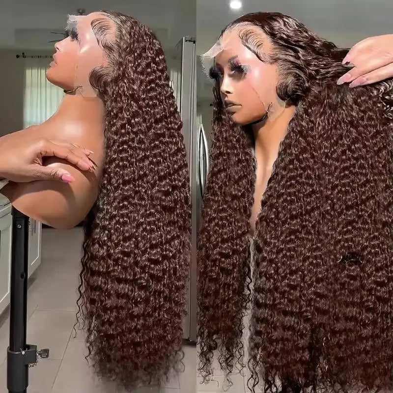 220% Density Chocolate Brown Deep Wave HD Lace Wig | Sophisticated 13x6 & 13x4 Transparent Frontal | Elegant "100% Brazilian Remy" 26+ Inch Silhouette | "Dignified" Pre-Plucked Water Wave Human Hair for Radiant Versatile Styling Luxegan